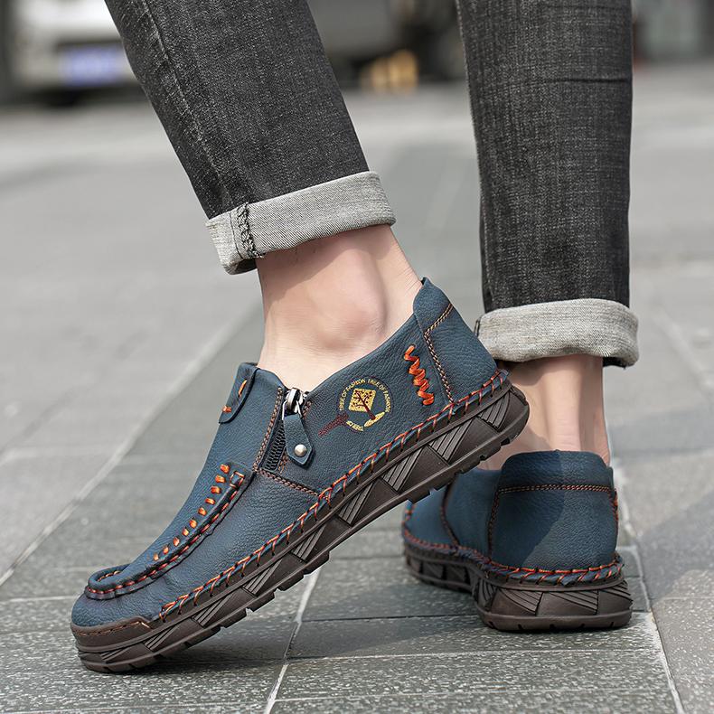 Men's Leather Boots Zipper Low Top Casual Shoes Outdoor Driving Handmade Shoes 39-48
