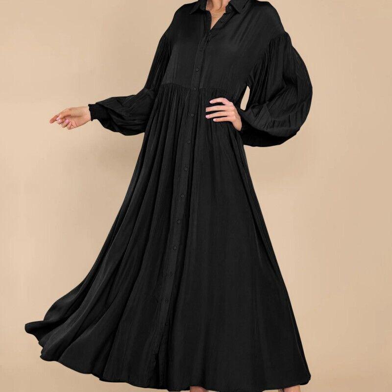 

Women s Casual Button-Lapel Solid Color Pleated Long Sleeve Maxi Dress 2026 5XL чорний
