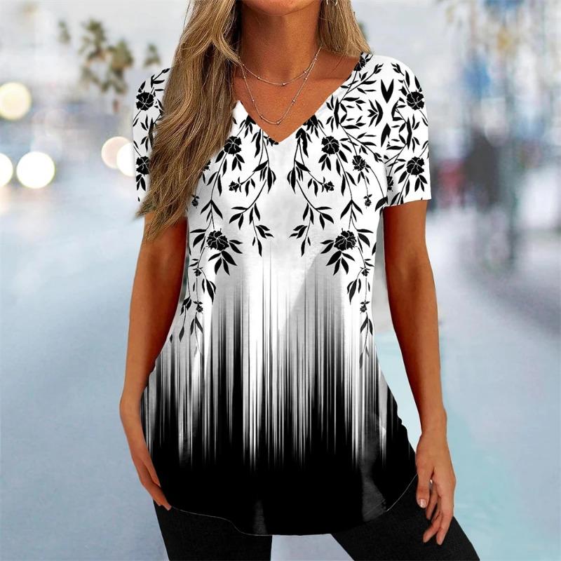 Sommer Damen T-Shirt 3D-Blume Bedruckte Kleidung Schönes V-Ausschnitt Kurzarm T-Shirt Trend Mode T-Shirt für Damen Straße