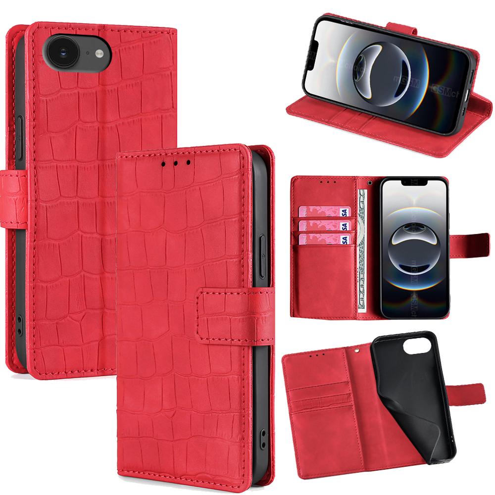 

For iPhone 16e Leather Case Wallet Stand Crocodile Texture Mobile Phone Cover Red