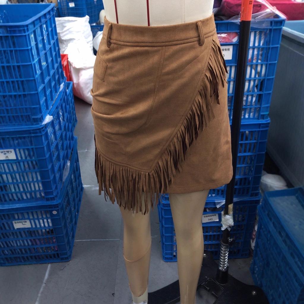 Brown Fringe Asymmetrical Suede Mini Skirt