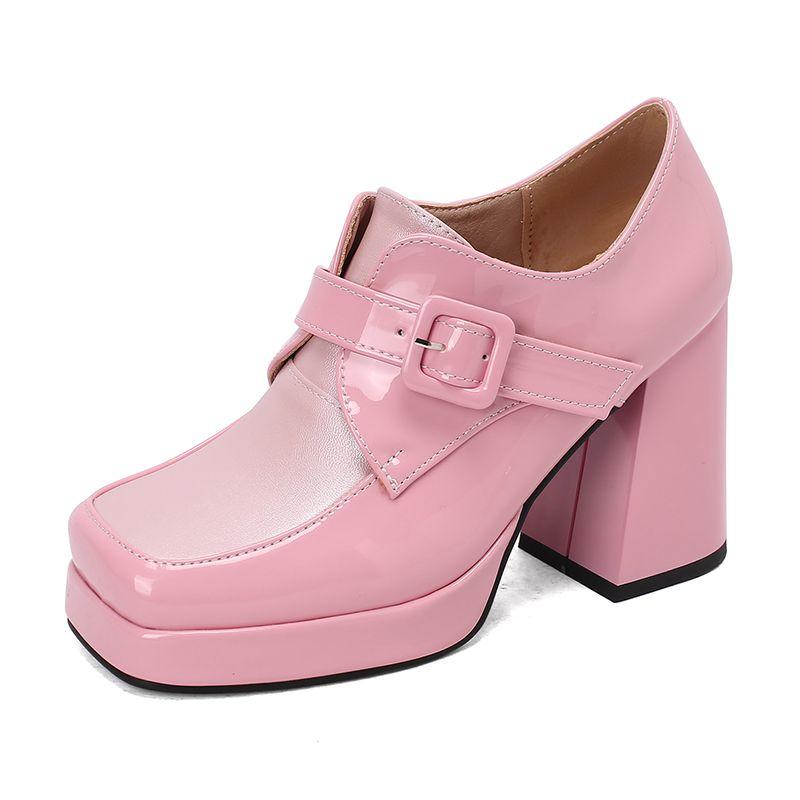 Damen Pumps Eckige Zehenpartie Blockabsätze 9,5cm Plateau 2cm Gürtelschnalle Übergröße 47 48 Mode Dating Party Damenschuhe
