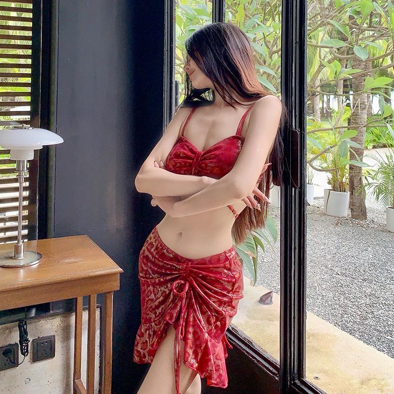 Korean Style Leopard Print Red Bikini: Sexy Beach Vacation Swimsuit for Women