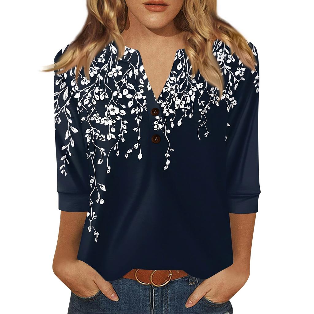 Damen T-Shirt mit Aufdruck, Knopfleiste, 3/4-Ärmel, für den Alltag, Wochenendmode, Basic, V-Ausschnitt, normales Oberteil