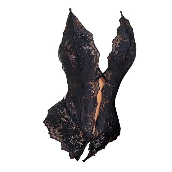 Sexy Women Bodysuit See-through Hollow Out Lace Bow Open Crotch Sleeveless Sknny Low-cut Cross Back Adjustable Spaghetti Strap Honeymoon Wedding