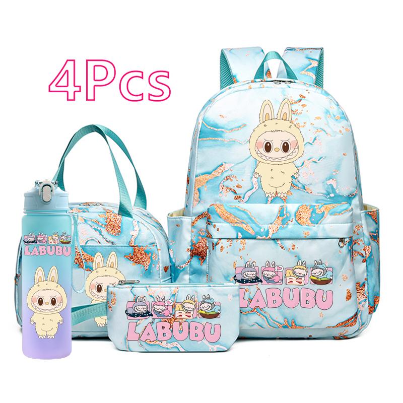4Pcs/set Cartoon printed Backpack Pencil Bag Lunch Bag Outdoor Water Bottle Student Girl Large Capacity Schoolbag Travel Bag Gift