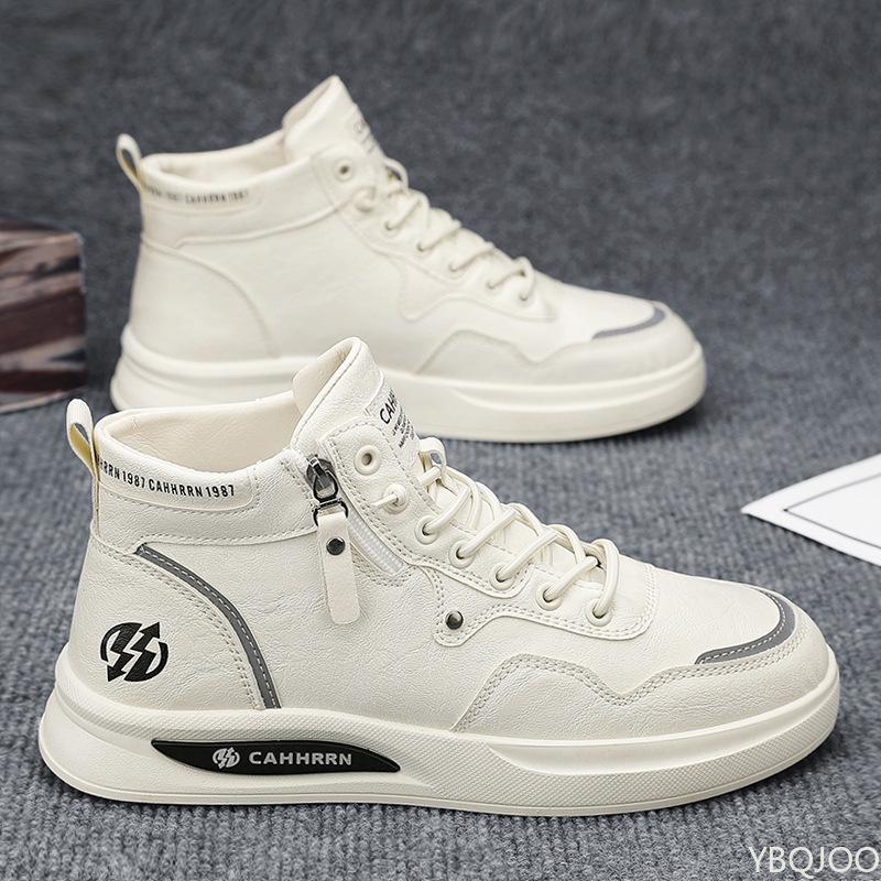 

Fashion Trendy Splicing Men s Board Shoes High Top New Casual Lace Up Side Zipper Flat Bottom Vulcanized Shoes Sneakers Zapatos Hombre 39 бежевый