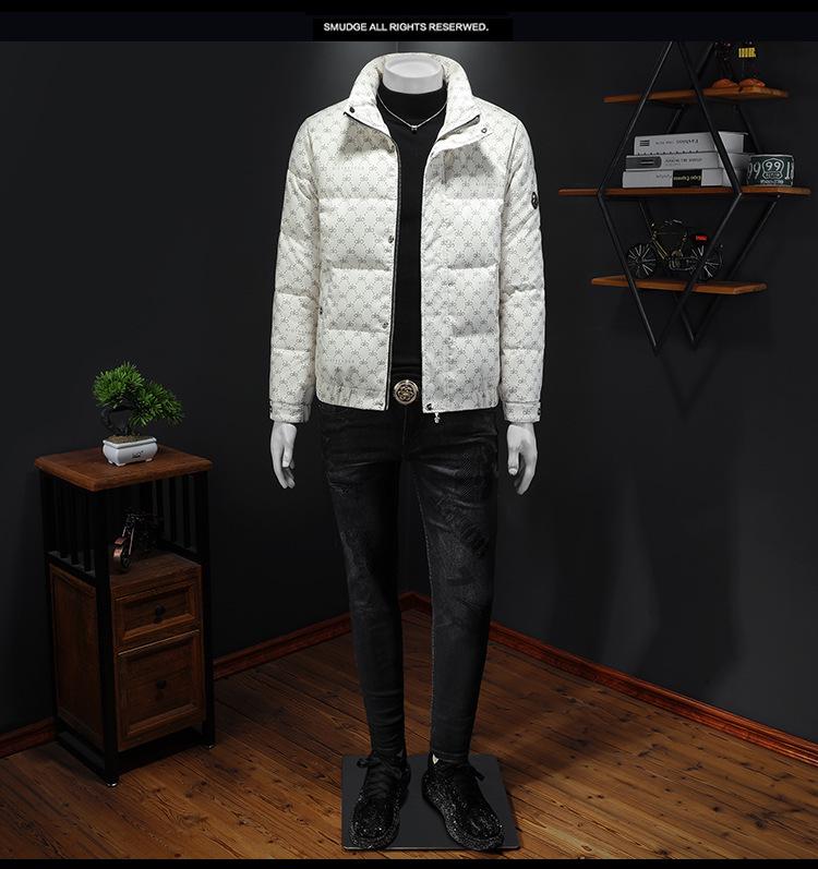 European Men's Stand Collar Winter Down Jacket - Slim Fit, Warm, Trendy Print, High-End Casual Style