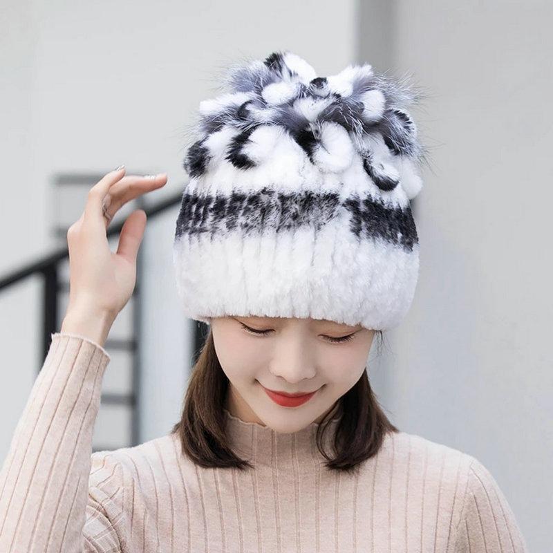 New Rex Rabbit Hair Knitted Hat Women's Autumn and Winter Thickened Ear Protection Warm Elastic Knitted Fur Hat Scarf