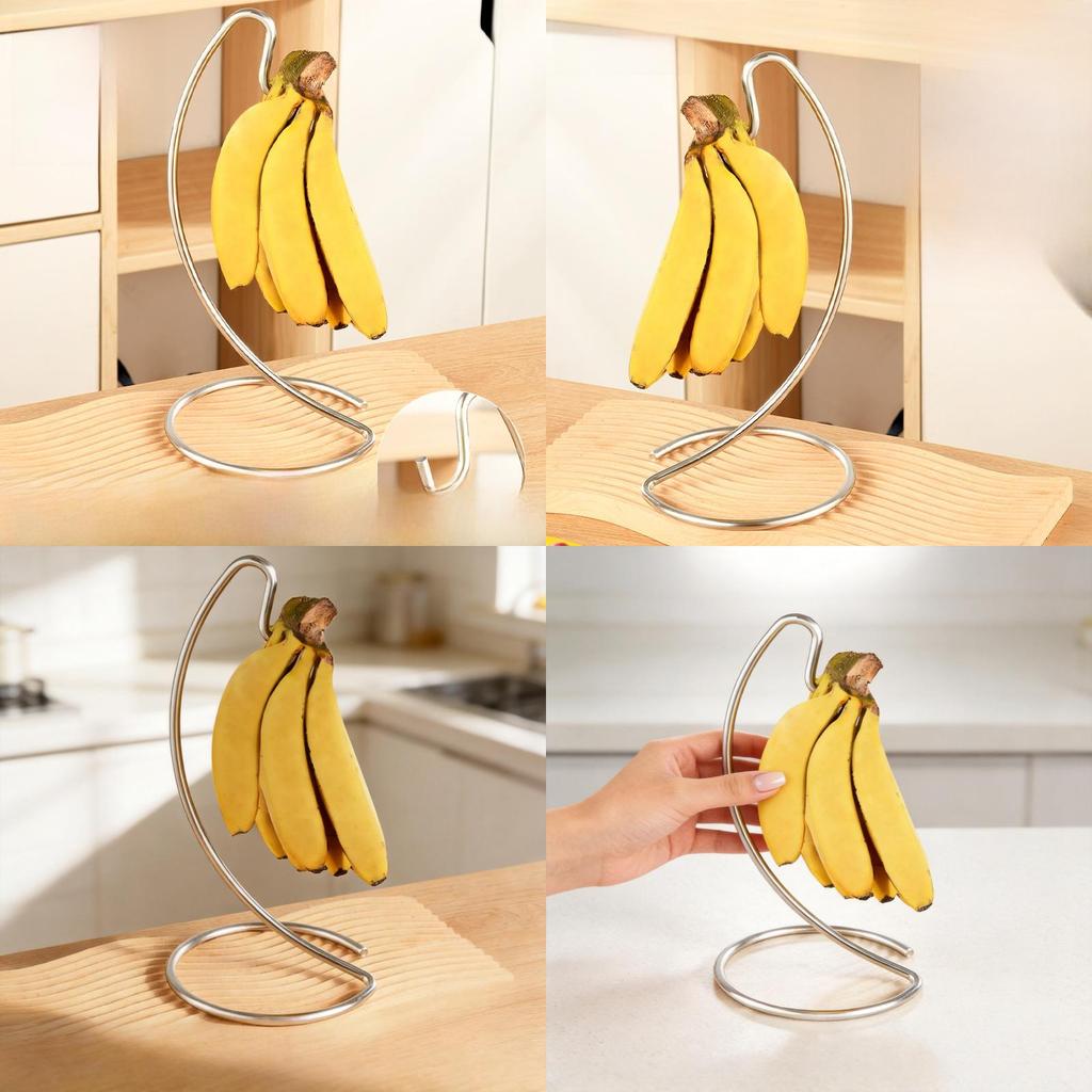 Portable Stainless Steel Banana Holder With Hooks For Kitchen Counter And Office Desk Use