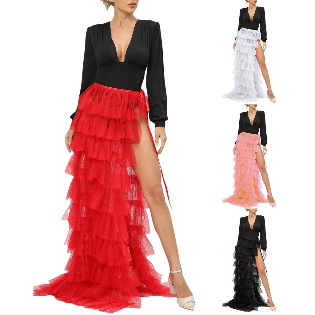 Women Tulle Tutu Long Skirt Multi-layer Ruffled Elastic Slit Mesh Cocktail Party Skirt for Beach Streetwear