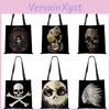 Dark Skull Print Black Cool Linen Tote Handbag Eco Reusable Bags For Women Traveling School Shoulder Bag Foldable
