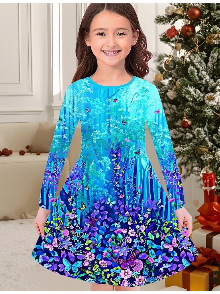 Robe d'automne et d'hiver pour filles, Imprimé papillon 3D Col rond Manches longues Robe T-shirt pour enfants, Décontractée Polyvalente, Vêtements de Noël