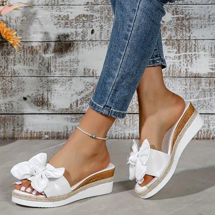 Women's Outdoor Platform Wedge Slippers with Bow and Woven Hemp Rope