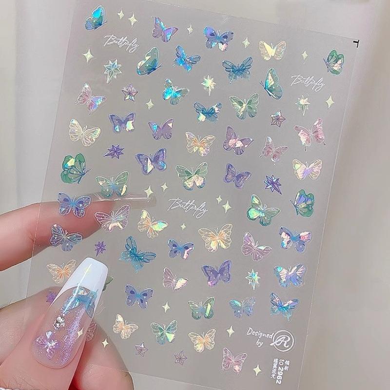 1PCS Butterflies Nail Pattern Y2K Sticker Shell Aurora Butterfly Nail Stickers Shiny 3D Nail Decals Decoration Art Supplies