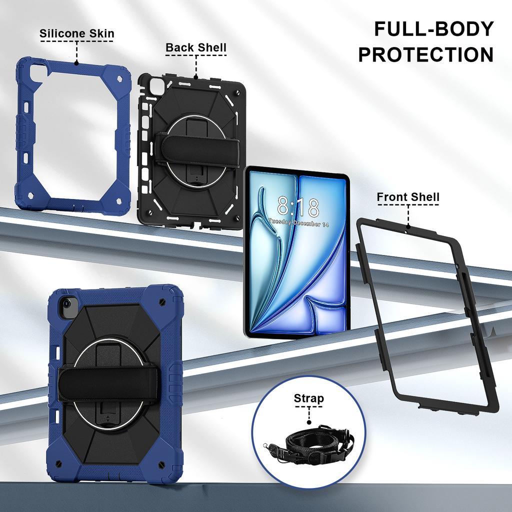 For iPad Air 13 (2025)/(2024) Case Silicone + PC Kickstand Tablet Cover with Handy Strap, Shoulder Strap
