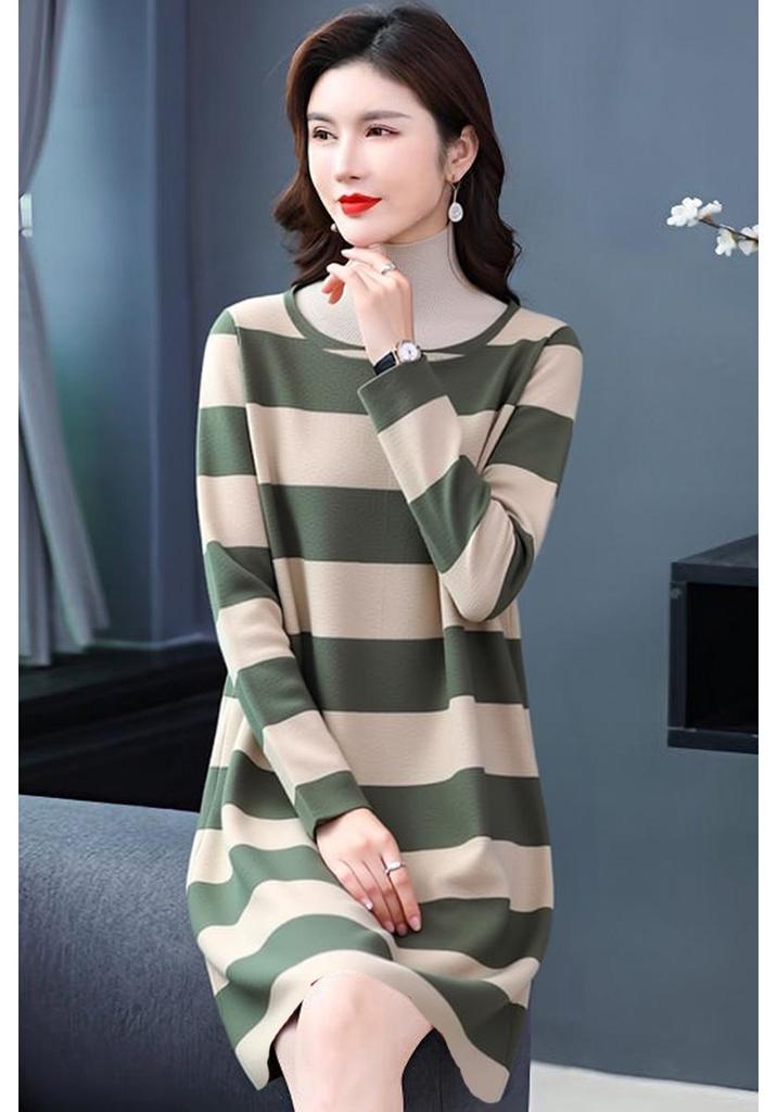 Spring & Autumn Striped Long Sleeve Slimming Dress - Plus Size, Age-Defying, Tummy-Tucking for Women