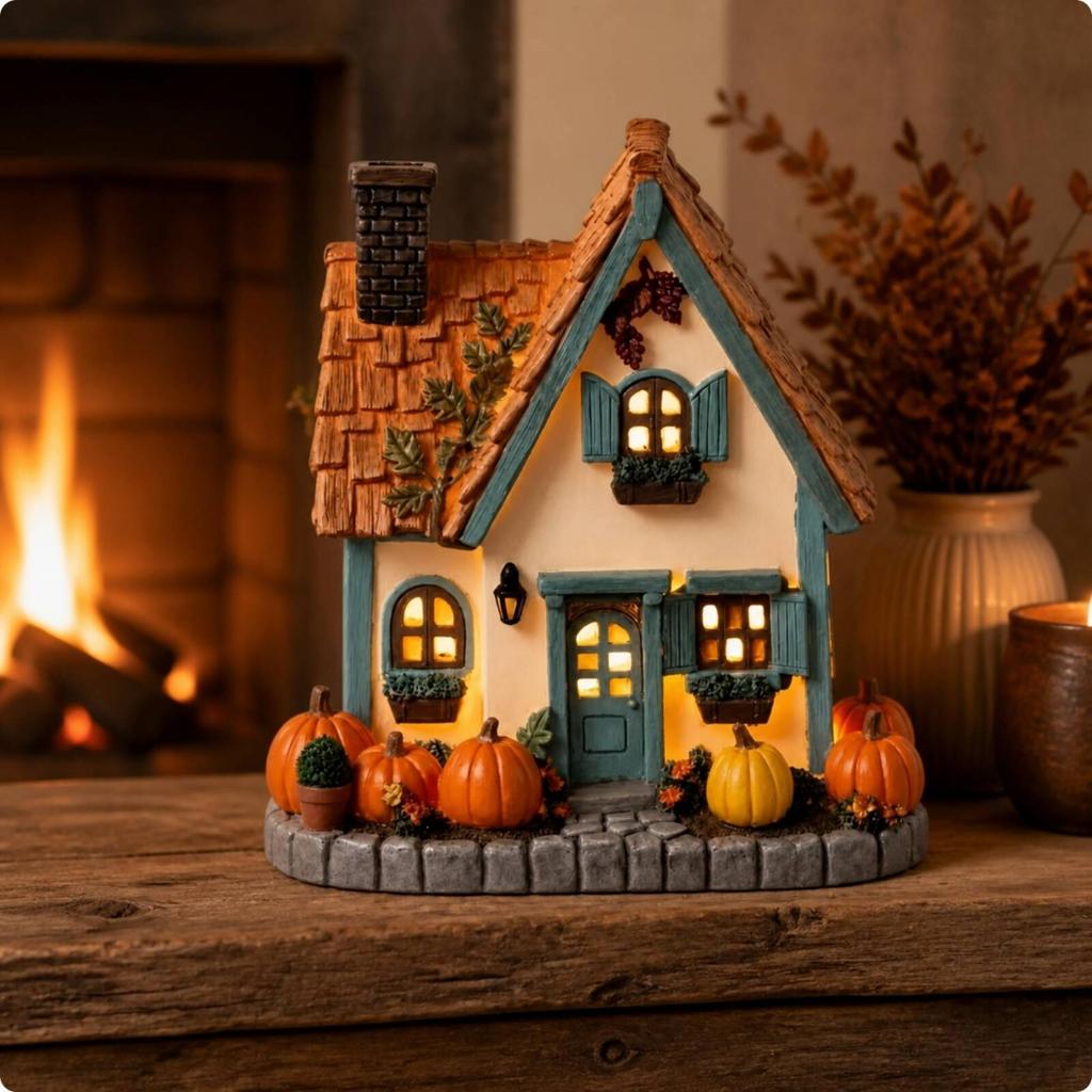 Seasonal Hand-Painted Harvest Cottage Statue Rustic Miniature Farmhouse Ornament