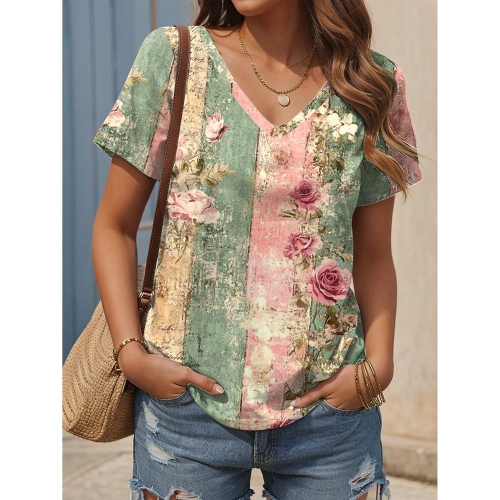 Women's Trendy T-Shirt Flower Graphics Fashion Short Sleeved V-Neck Regular Tops Daily Prints Tee 2025 Summer Y2K Casual Tops