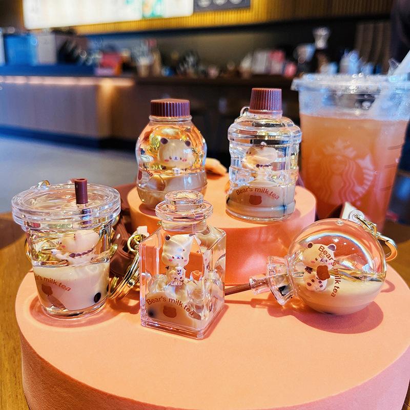 Floating Oil-Filled Bear Milk Tea Cup Keychain - Cute Backpack Pendant for Couples