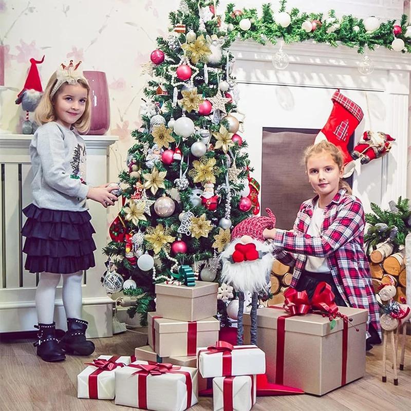 8/16Pcs Christmas Decorations Glitter Artifical Flowers Christmas Tree Pendant Ornaments for Home Decor Xmas New Year Accessory