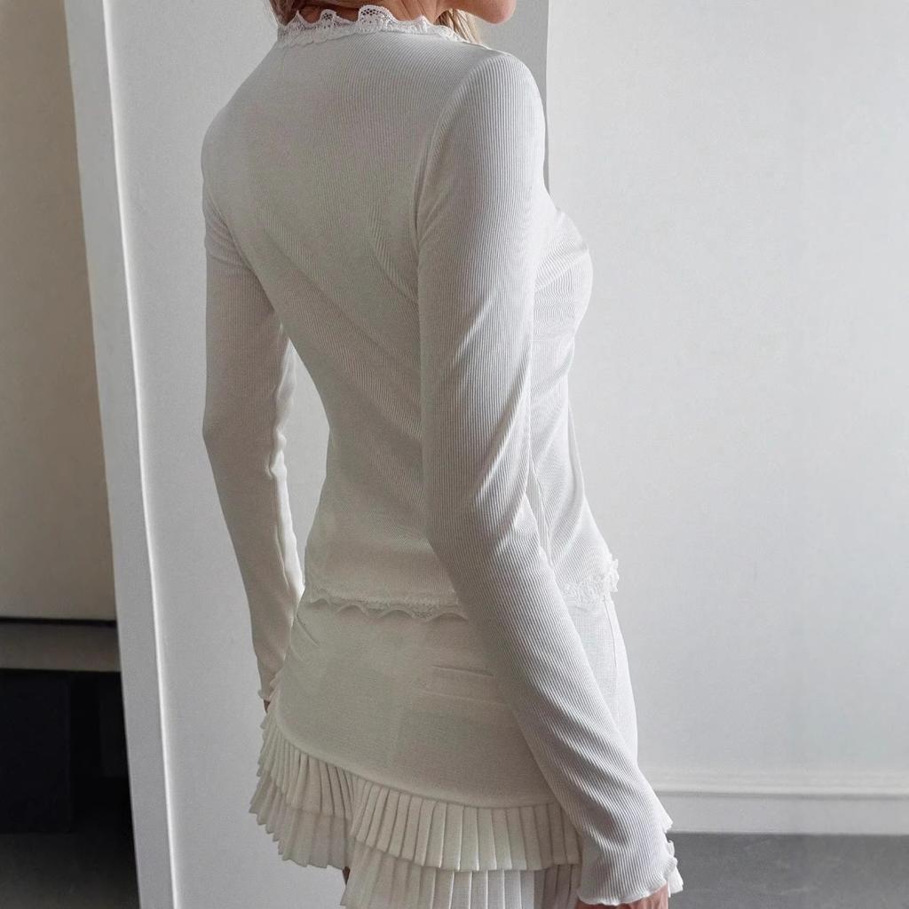 Fall Winter New Women's V-Neck Lace Splicing Cardigan Long Sleeve T-Shirt Casual Elegant Top European American Style
