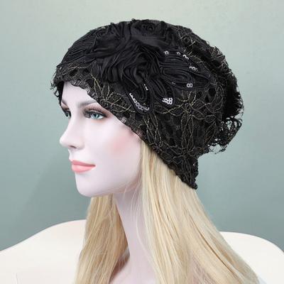 Gorro Crochê Flor Resistente ao Frio Slouchy Chique Inverno Térmico Feminino Turbante de Renda para Namorar
