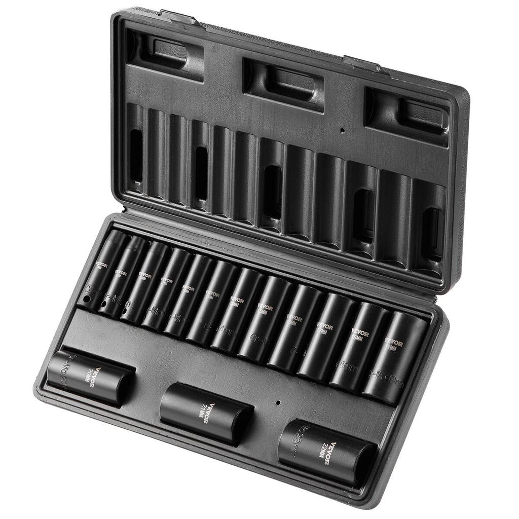 Impact Sockets Set 15pcs 6-Point 3/8in Drive Bit Ratchet Tool Kit Case