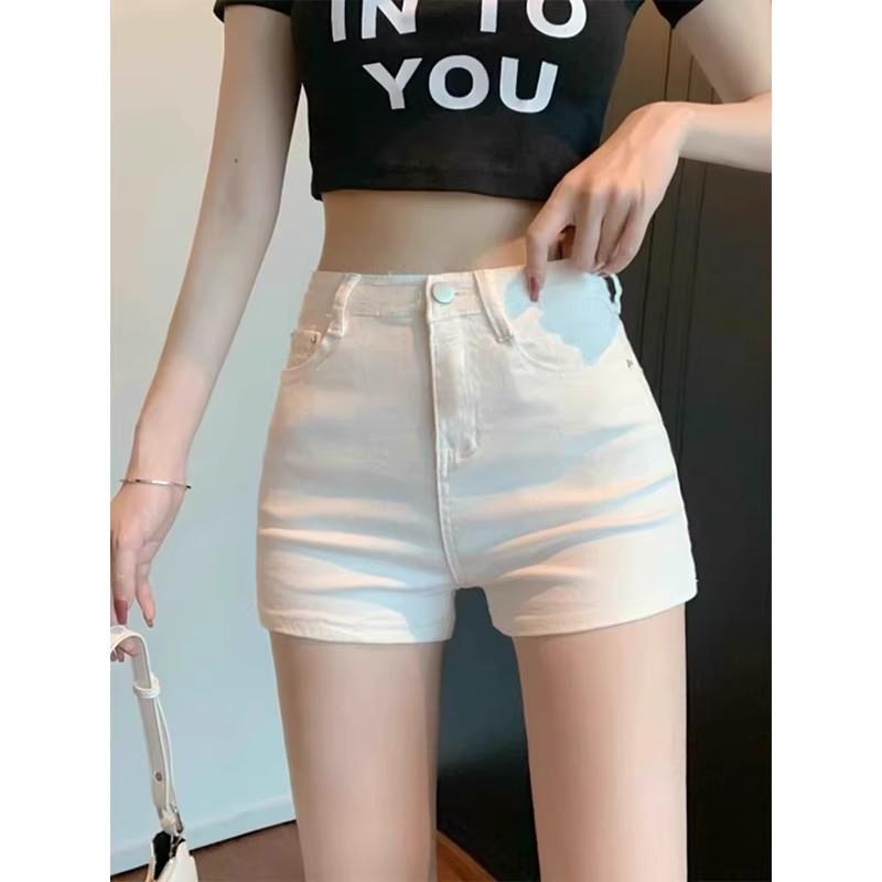 Women's High Waist Denim Shorts Solid Color Stretchy Slim Fit Casual Hot Pants