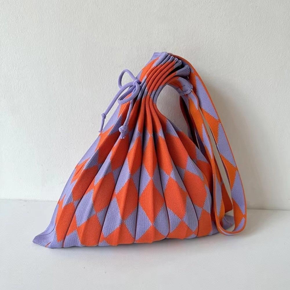 Accordion Style Knitted Shoulder Bag Rope Drawstring Diamond Grid Foldable Handbag Heart Lantern Weave Reusable Eco
