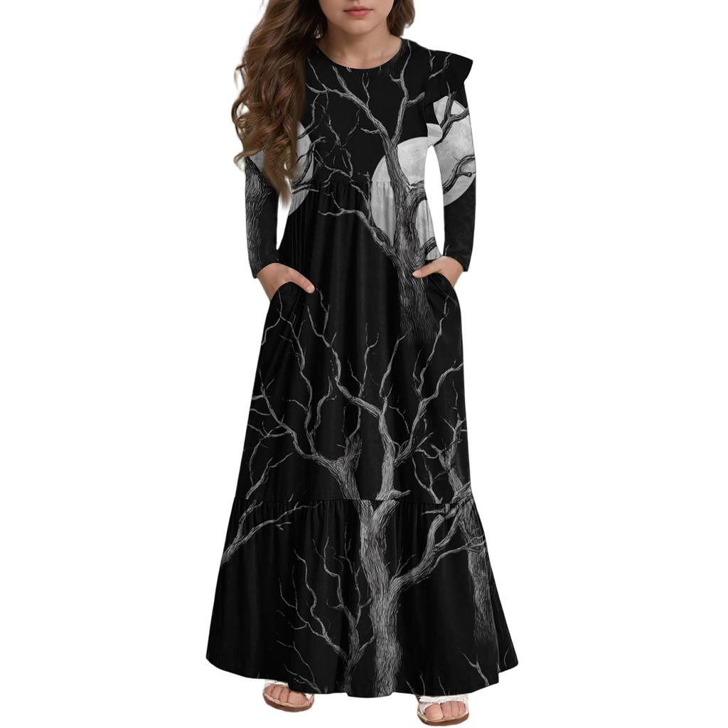 Girls' Tiered Ruffle Dress Halloween Day - Long Sleeve Printed Maxi With Pockets