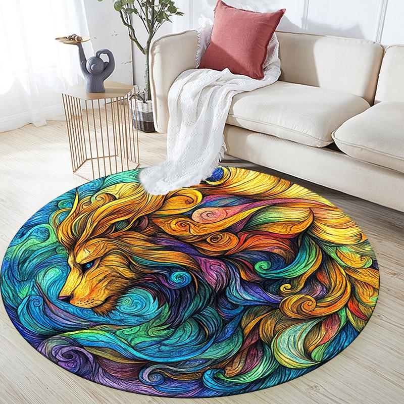 Abstract Goat and Lion Round Area Rug,Carpet Rug for Living Room Bedroom Sofa Playroom Decor,Non-slip Floor Mat