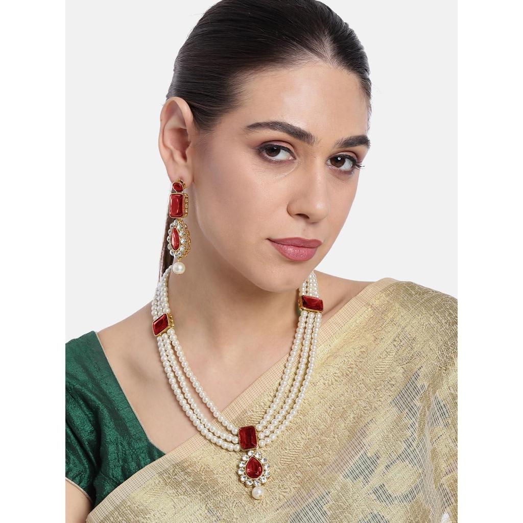 Crystal Faux Pearl Kundan Necklace & Jewellery Set Gift for Women