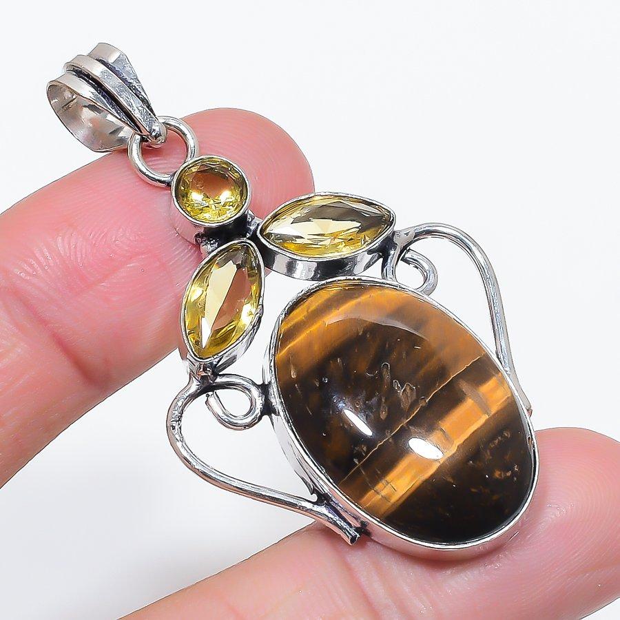 Natural Tiger Eye, Citrine 925 Sterling Silver Jewelry Pendant 2.29" G8t06