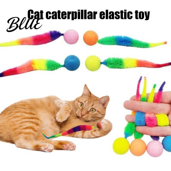 Durable Cat Toy Interactive Bouncy Ball with Tail Colorful Fuzzy Worm Rainbow Chasing