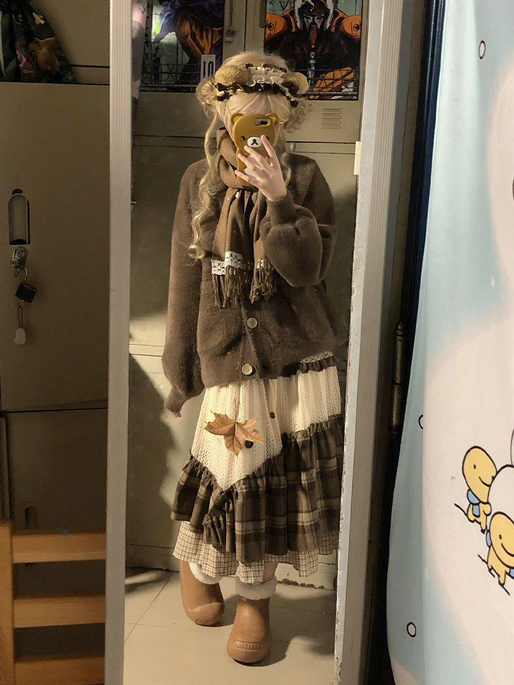 Retro Mori-Kei Candied Chestnuts Plaid Skirt with Embroidery Patchwork