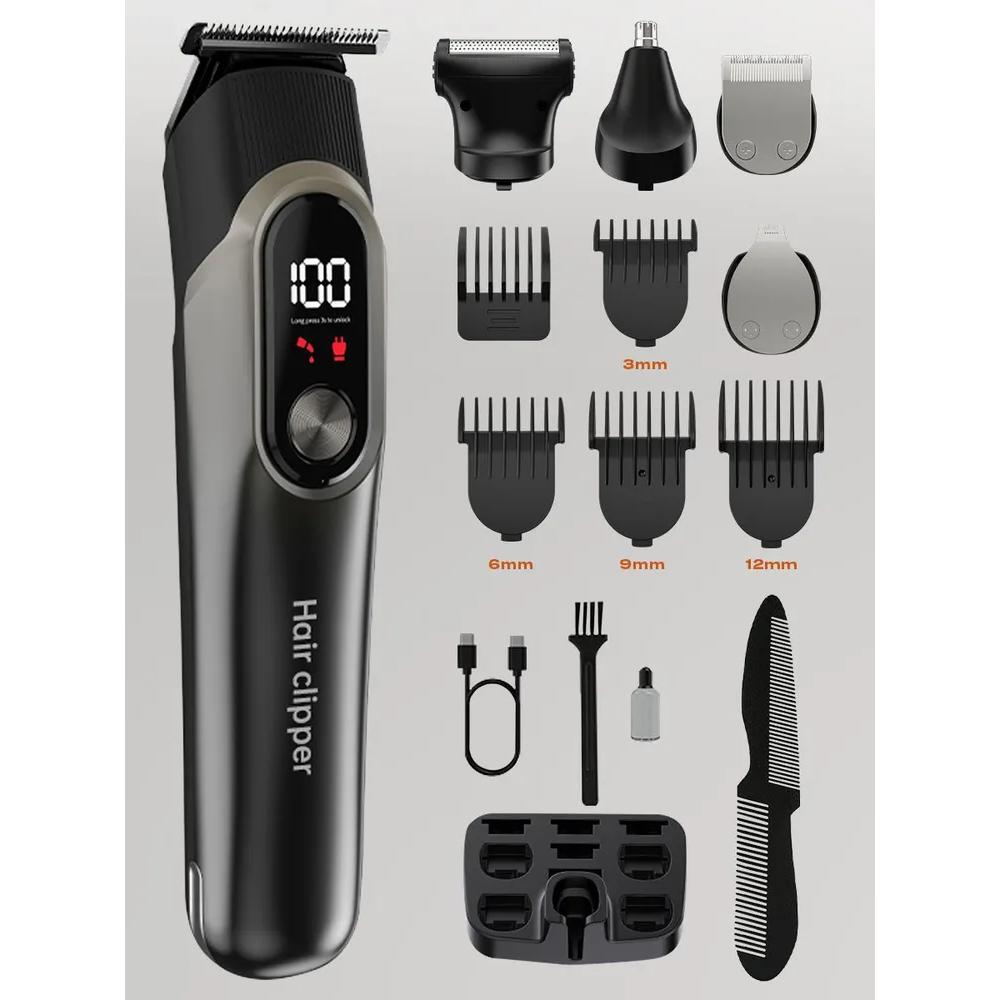 Beard and mustache trimmer with attachments for nose and ears, intimate area and body, hair, 10 in 1 men's trimmer razor for shaving