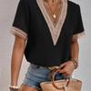 Women's V Neck Blouse Short Sleeve Lace Trim Loose Fit Casual Summer Top