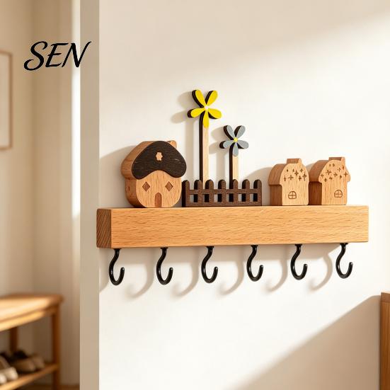Home Organization Accessory Solid Wood Key Holder with 6 Hooks, Decorative Wall Hanging Storage Rack, Hooks Space Saving Mounted Organizer for