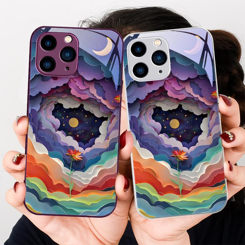 Colorful Night Flowers Purple For Iphone 16 Plus 15 14 13 12 Mini 11 Pro Max X XS XR 7 8 Plus 2022 Tempered Glass Phone Case