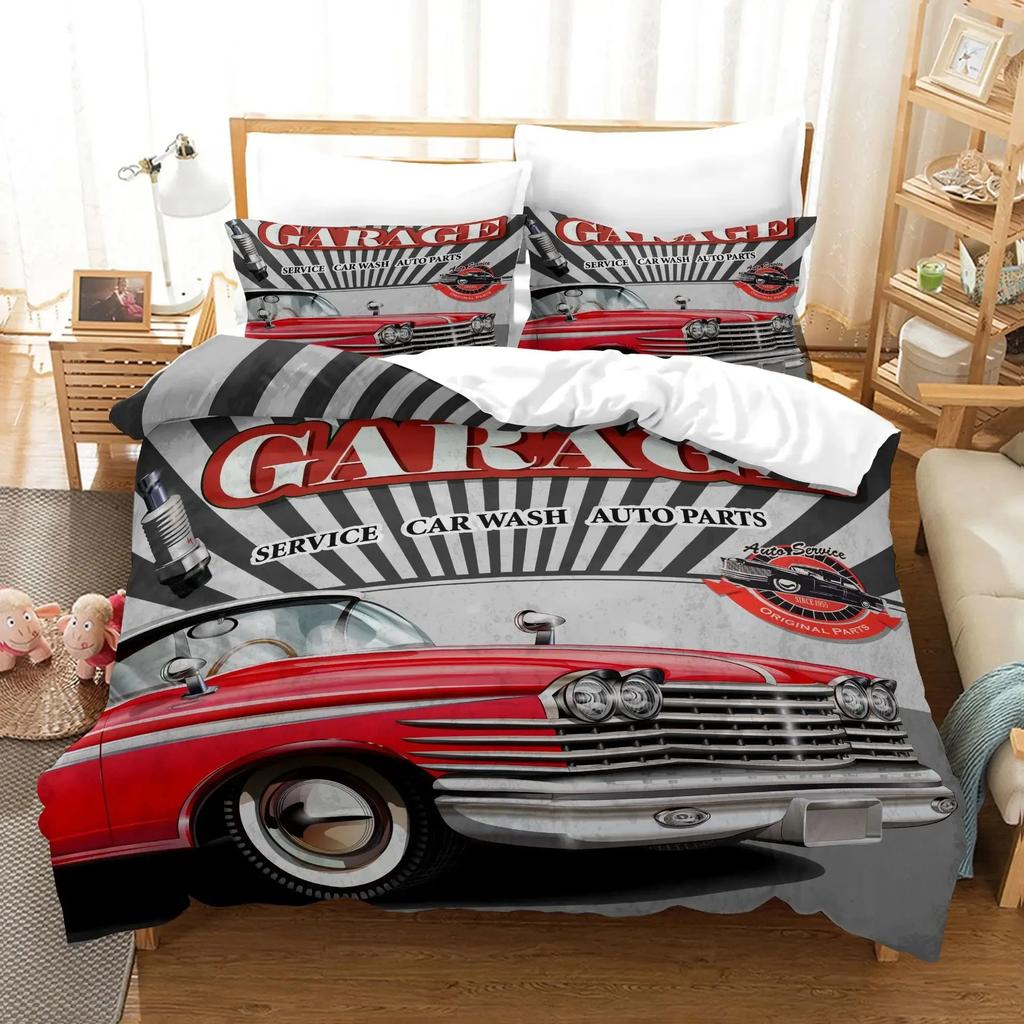 Cars Duvet Cover Traditional Old Car Race Nostalgic American Car Bedding Set Classic Cars Polyester Quilt Cover for Boys Teens
