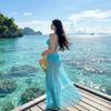 Bikini Swimsuit Three-piece Set, Polyester Maxi Skirt, Beach Vacation, Sexy Fitted Lake Blue Brightening Swimsuit