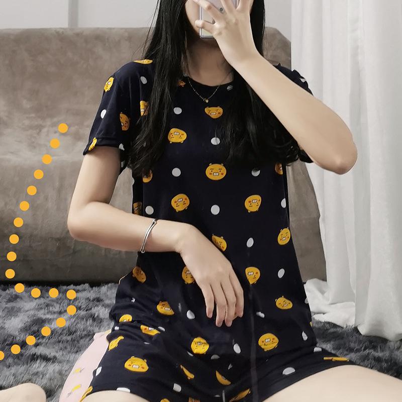 Letni zestaw piżam damskich: Okrągły dekolt, Krótki rękaw, Nadruk z kreskówką, Odmładzająca odzież domowa