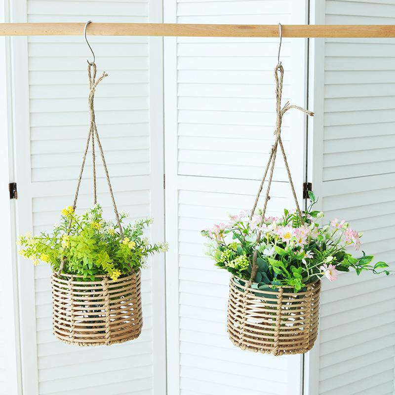 1PC Home Decor Green Plant Woven Rattan Vase Flower Baskets Hanging Flower Pot Garden Wicker