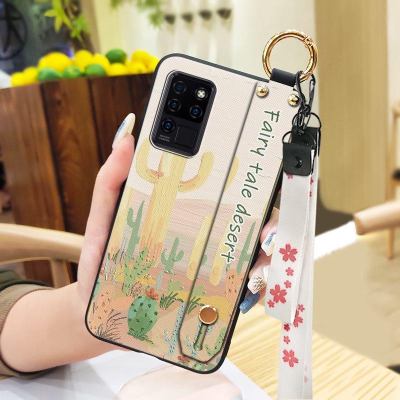 Waterproof Durable Phone Case For Oukitel C21 Wristband Wrist Strap Shockproof Silicone Kickstand Protective Ring Flower