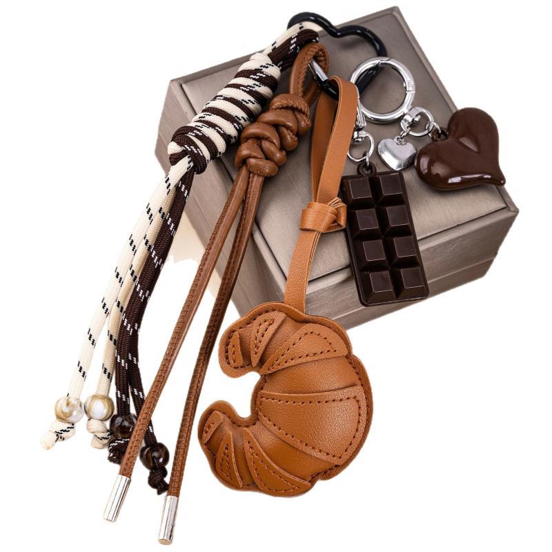 Cute Croissant Keychain Sweet Decorative Pendant Durable PU Leather with Braided Lanyard Ideal Birthday Gift for Teens Kids