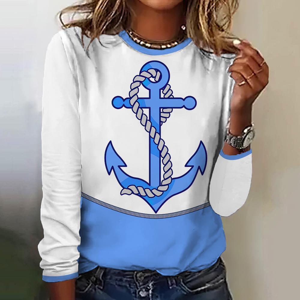 Herbst Frauen T Shirt Langarm Tops Anker Grafik Weibliche Kleidung Alltägliche Streetwear Oansatz Pullover Für frauen Tees 2023
