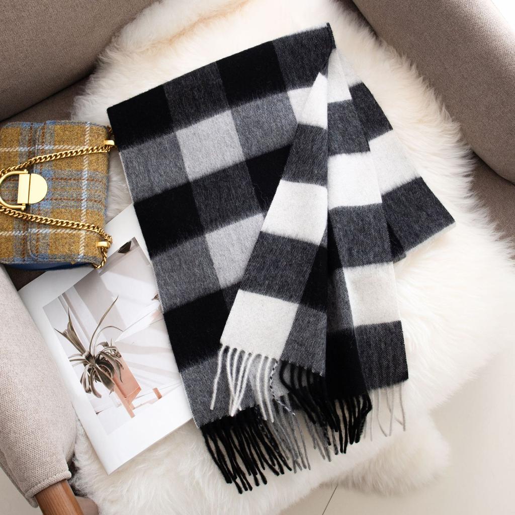 100% Wool Scarf High-end Women's Versatile Thickened Plaid Splicing Warm Scarf Dual-purpose