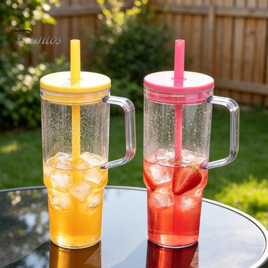 Clear Plastic Water Bottle with Straw And Lid, 40oz Large Capacity Tumbler BPA-free Drinking Cup Handle, Leak Proof Sports for School Travel Reusable