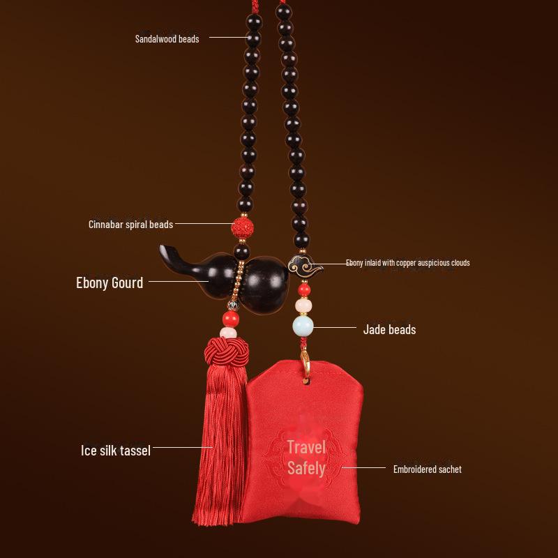 "Chinese Sandalwood Fortune Gourd Car Pendant for Safe Travel - High-End Car Accessory for Men and Women"